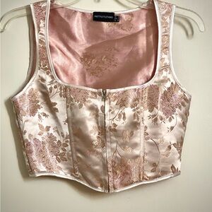 PrettyLittleThing Pink and Gold Floral Satin Crop Top Size 8